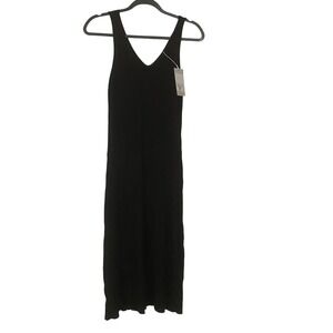 Halara NWT Black Ribbed V Neck Midi Bodycon Fitted Dress Back Slit Medium‎